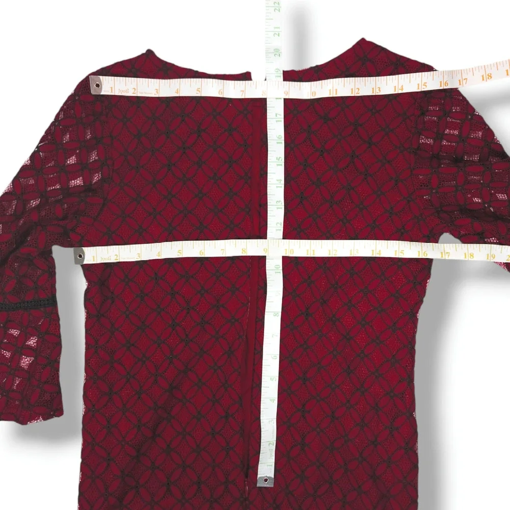 EUC Sandra Darren Lace Overlay Sheath Bell Flare Sleeve‎ Dress Sz. 6 Wine Black